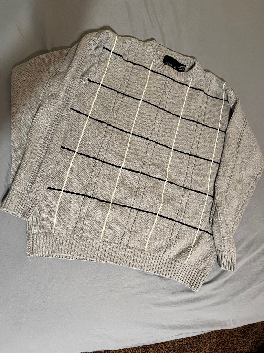 bill blass Light Gray Cable-Knit Crewneck Sweater with Black and Ivory Stripes